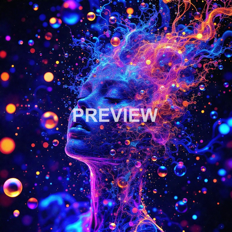 A digital art representation of a woman's face with closed eyes, surrounded by vibrant, swirling neon-like lines and bubbles in shades of blue, purple, orange, and pink, creating a cosmic or neural network effect.